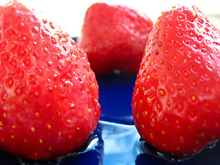 Image showing The berries of strawberries on blue saucer