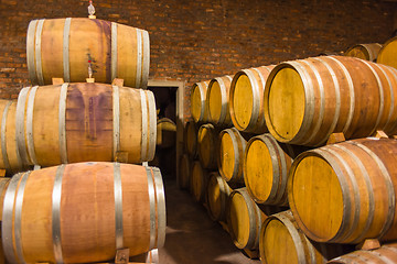 Image showing Wine barrels in rows