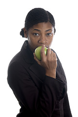 Image showing pretty black woman eating apple