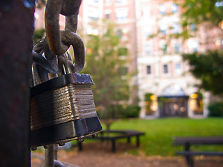 Image showing Gate locked with padlock