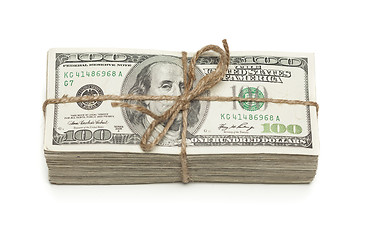 Image showing Stack of One Hundred Dollar Bills Tied in a Burlap String on Whi