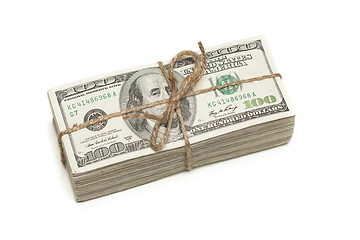 Image showing Stack of One Hundred Dollar Bills Tied in a Burlap String on Whi