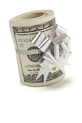 Image showing Roll of One Hundred Dollar Bills Tied Silver Bow on White