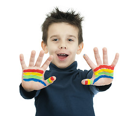 Image showing Boy hands painted with colorful paint