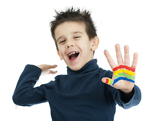 Image showing Boy hands painted with colorful paint