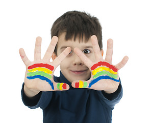 Image showing Boy hands painted with colorful paint