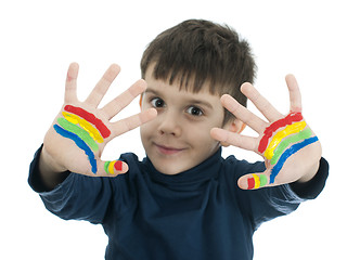 Image showing Boy hands painted with colorful paint