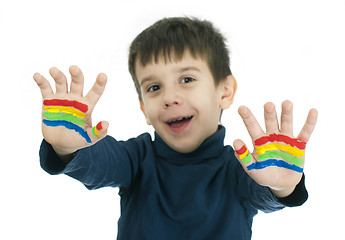 Image showing Boy hands painted with colorful paint