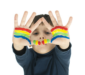 Image showing Boy hands painted with colorful paint