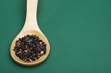 Image showing Black rice in wooden spoon