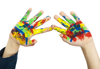 Image showing Boy hands painted with colorful paint