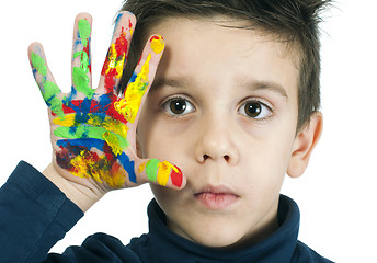 Image showing Boy hand painted with colorful paint