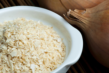 Image showing Mature onion and bowl with dried onion powder