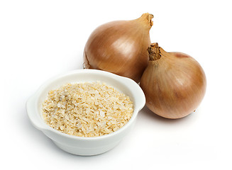 Image showing Mature onion and bowl with dried onion powder