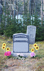 Image showing Gravestone with sunflowers