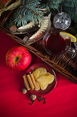 Image showing Christmas still life with hot wine and spices 