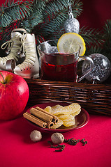 Image showing Christmas still life with hot wine and spices 