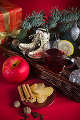 Image showing Christmas still life with hot wine and spices 