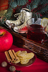 Image showing Christmas still life with hot wine and spices 