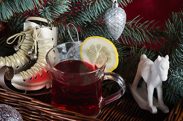 Image showing Christmas still life with hot wine and spices 