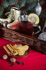 Image showing Christmas still life with hot wine and spices 