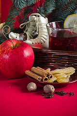 Image showing Christmas still life with hot wine and spices 