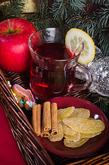 Image showing Christmas still life with hot wine and spices 