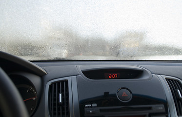 Image showing Rime on frosen windscreen of car