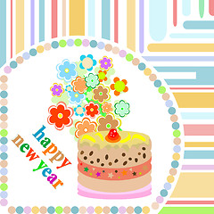 Image showing Christmas card background. new year cake and flowers