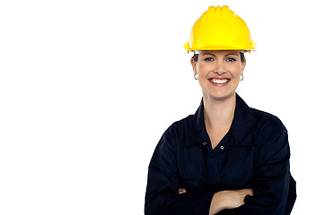 Image showing Beaming construction worker. Cheerful portrait