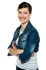 Image showing Cheerful middle aged woman in trendy clothing