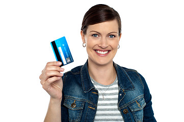 Image showing Shopaholic woman showing cash card