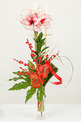 Image showing bouquet of pink lily flower in vase on white