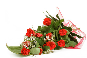 Image showing Bouquet of fresh red roses on white