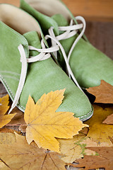 Image showing pair of green leather boots and yellow leaves