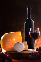 Image showing Still-life with cheese, grape and wine.