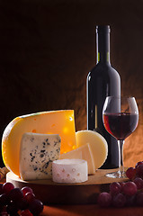 Image showing Still-life with cheese, grape and wine