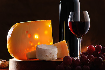 Image showing Still-life with cheese, grape and wine