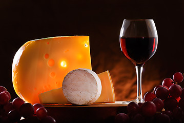 Image showing Still-life with cheese, grape and wine.