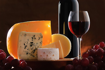 Image showing Still-life with cheese, grape and wine