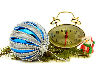 Image showing Christmas card with clock, snowman and blue ball.