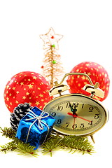 Image showing Hours, Christmas tree and red balls.