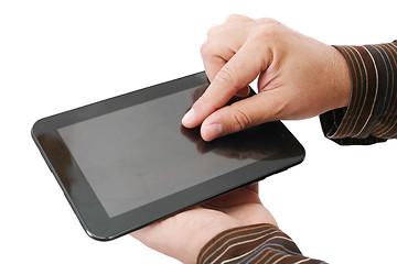 Image showing Man hands are pointing on touch screen device 