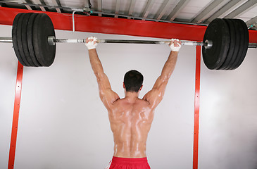 Image showing young Bodybuilder training in gym.  Focus in the body