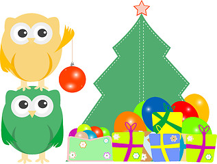 Image showing owl family with christmas tree, balls, balloons and gift boxes