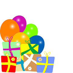 Image showing colorful gift boxes with balloons frame over white background