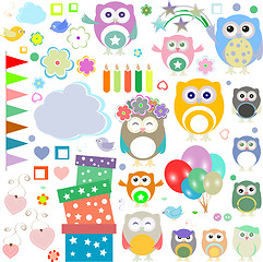 Image showing Set of birthday party elements with cute owls