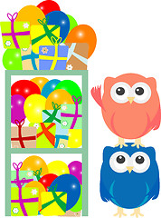 Image showing Winter card with cute owl, balls and gift boxes