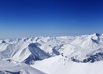 Image showing Panoramic view on snowy mountains in nice day