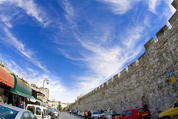Image showing Sky of Jerusalem.  An ancient wall around of old quarters 